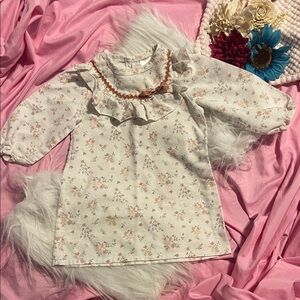 Shabby Chic Cream Floral Ruffle Collar Top with Peach Trim